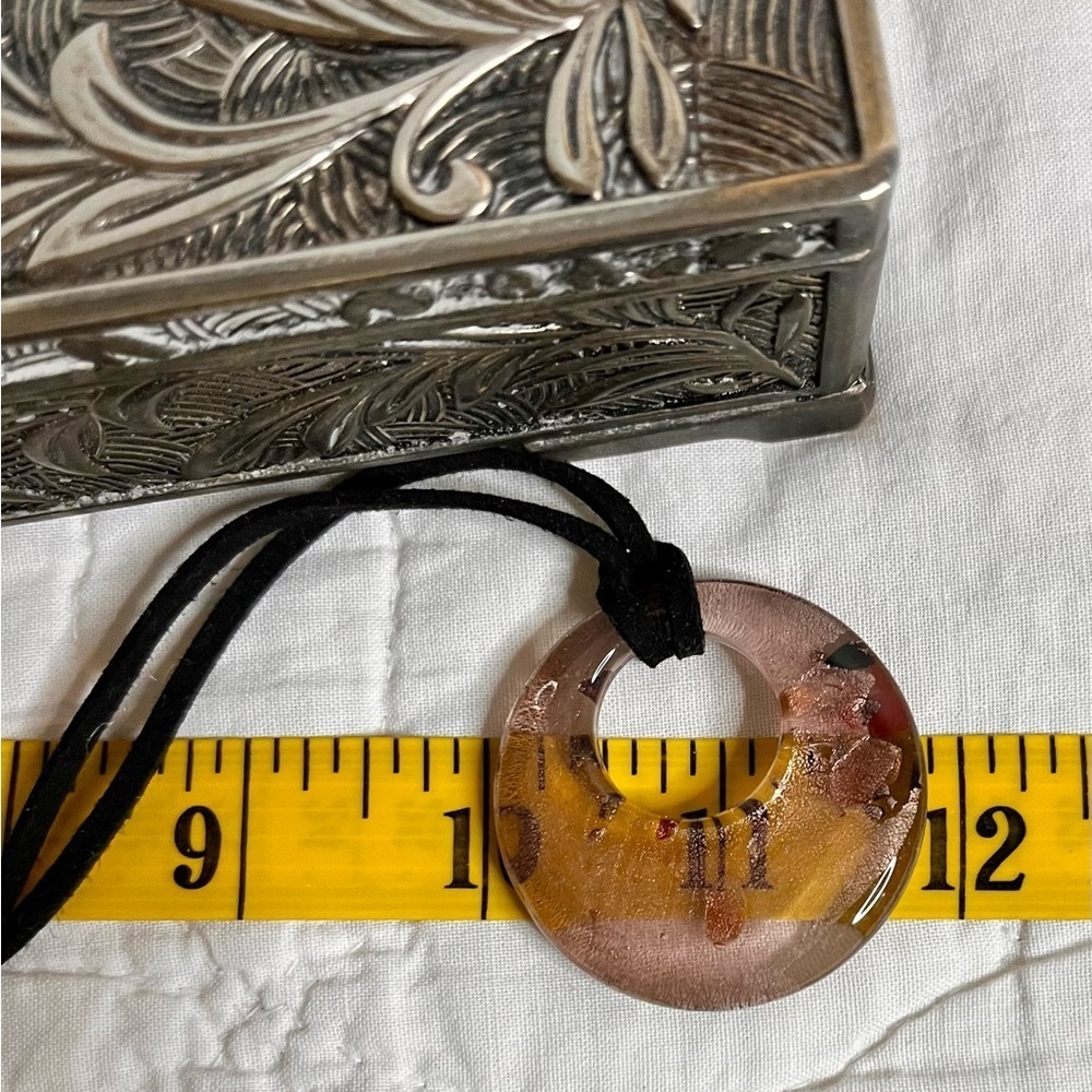 Handmade Dichroic Glass Donut Pendant Necklace Rose Pink Gold Fused Art Jewelry - Picture 13 of 17